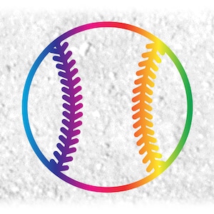 May include: A rainbow-colored baseball with white stitching.