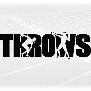 May include: A graphic design featuring the word "THROWS" in bold black letters. Silhouetted figures of athletes are incorporated into the letters, depicting throwing events. The background is a white track and field surface.
