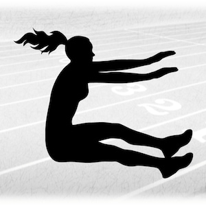 Sports Clipart: Black Track & Field Long Jump Silhouette w/ Female Jumper Jumping as If above Landing Pit - Digital Download svg png dxf pdf