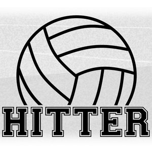 Pode incluir: Design gráfico em preto e branco de uma bola de voleibol com a palavra "HITTER" em letras em negrito e em bloco abaixo da bola.