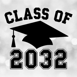 Educational Clipart: Black Class of 2032 Arched College Style Letters with Graduation Cap and Tassel - Digital Download svg png dxf pdf