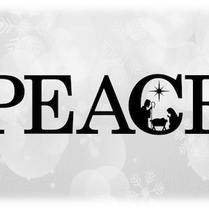 Holiday Clipart: Christmas Theme Black Word "PEACE" in Fancy Letters w/ Baby Jesus Manger Scene in the Letter "O" - Descarga digital SVG /PNG