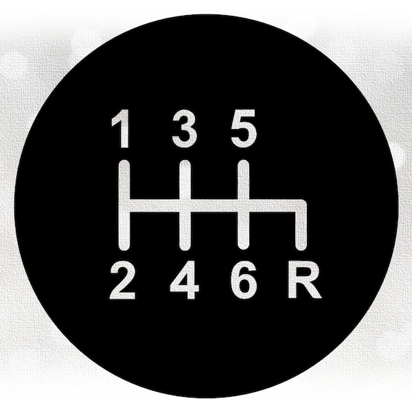 Car / Automotive Clipart: Black Round Circle 6-Speed Manual / Stick Gear Shift or Shifter Label with 1, 2, 3, 4, 5, 6 R - Digital  SVG & PNG
