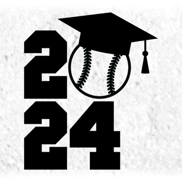 Educational Clipart: Black Bold Year "2024" Varsity Style w/ Graduation Cap & Softball/Baseball Letter "0" Digital Download svg png dxf pdf