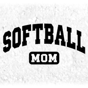 Sports Clipart: Arched Black Bold Word "SoftBall" in College Varsity Style with Word "Mom" in Box Below - Digital Download svg png dxf pdf
