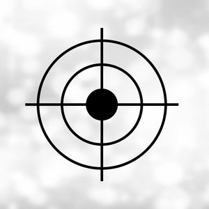 May include: A black and white target graphic with concentric circles and crosshairs. The bullseye is a solid black circle. The background is a blurred, light gray and white gradient.