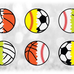 Sports Clipart: Mix & Match Cracked Half Sports Balls - Baseball Softball Tennis Soccer Basketball Volleyball - Digital Download svg png dxf