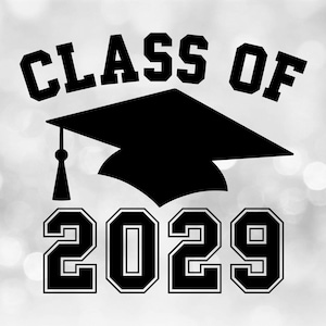 Educational Clipart: Black Class of 2029 Arched College Style Letters with Graduation Cap and Tassel - Digital Download svg png dxf pdf
