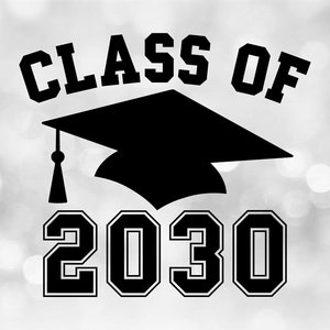 Educational Clipart: Black Class of 2030 Arched College Style Letters with Graduation Cap and Tassel - Digital Download svg png dxf pdf