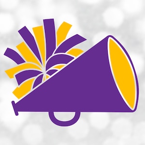 Sports Clipart: Purple & Gold Cheerleader Megaphone with Pom Pom for Cheer, Cheering, Cheerleading, Poms - Digital Download svg png dxf pdf