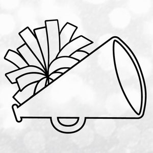 Sports Clipart: Black Cheerleader Megaphone with Pom Pom Outline for Cheer, Cheering, Cheerleading, Poms - Digital Download svg png dxf pdf