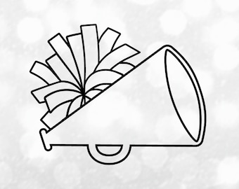 Sports Clipart: Black Cheerleader Megaphone with Pom Pom Outline for Cheer, Cheering, Cheerleading, Poms - Digital Download svg png dxf pdf