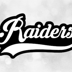 Sports Clipart: "Raiders" Team Name in Baseball Type Lettering with Swoosh Underline - White on Black Layers - Digital Download SVG & PNG