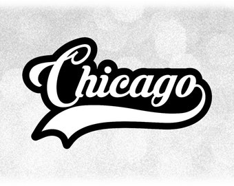 Geography Clipart: Black/White Layered "Chicago" in Fancy Print Lettering with Baseball Style Swoosh Underline - Digital Download SVG & PNG