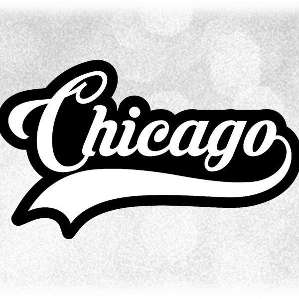 Geography Clipart: Black/White Layered "Chicago" in Fancy Print Lettering with Baseball Style Swoosh Underline - Digital Download SVG & PNG