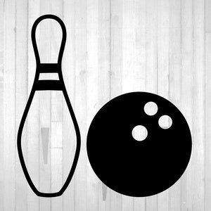 May include: A black and white illustration of a bowling pin and a bowling ball on a white wood background.