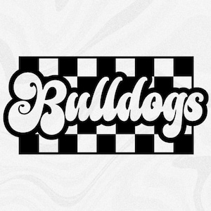 Sports Clipart: Team Mascot Name "Bulldogs" in Groovy Retro Style Cutout of Black Checkered Background - Digital Download svg png dxf pdf