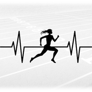 Sports Clipart: Black Track & Field Female Runner or Cross Country w/ Heart Rate, Beat, EKG, ECG or Pulse - Digital Download svg png dxf pdf