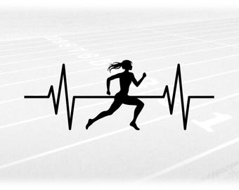 Sports Clipart: Black Track & Field Female Runner or Cross Country w/ Heart Rate, Beat, EKG, ECG or Pulse - Digital Download svg png dxf pdf