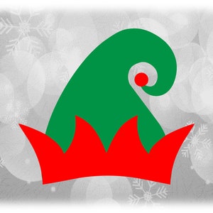 May include: A festive elf hat in green and red, set against a blurred, snowy background. The hat features a curled green top with a red ball and a red, pointed brim. The design evokes the holiday season.