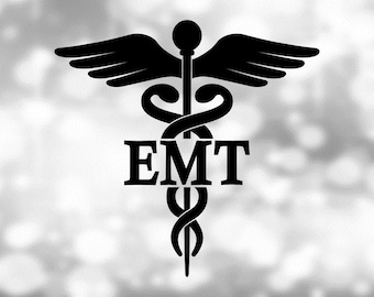 May include: Black and white silhouette of the medical symbol, the Rod of Asclepius, with wings and the letters EMT below.