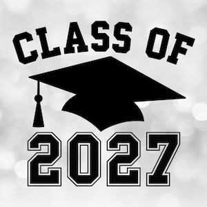 Educational Clipart: Black Class of 2027 Arched College Style Letters with Graduation Cap and Tassel - Digital Download svg png dxf pdf