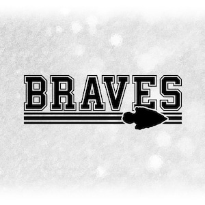 Sports Clipart: Black Bold "Braves" Team Name in Varsity Style above Stripes with Arrowhead Silhouette - Digital Download svg png dxf pdf
