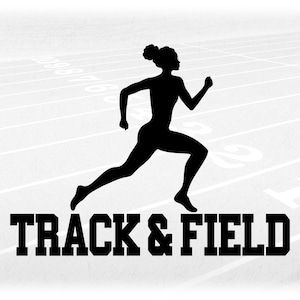 Sports Clipart: Black Words "Track & Field" with Silhouette of Ethnically Neutral Female Athlete Running - Digital Download svg png dxf pdf