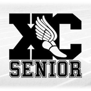 Sports Clipart: Black Cross Country "XC" with Track Wing Shoe Cutout & Word "SENIOR" in Collegiate Style - Digital Download svg png dxf pdf