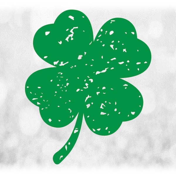 Flower/Nature Clipart: Distressed / Grunge Green Solid Four-Leaf Clover / Shamrock - Irish, Saint Patrick's Day - Digital Download SVG & PNG
