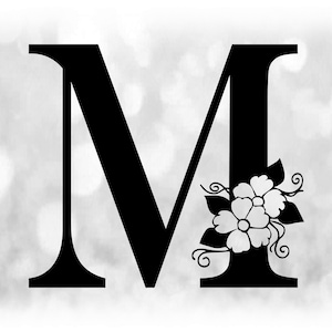 Word Clipart: Negro formal letra mayúscula "M" con acentos florales / florales - Cambiar color con su propio software - Descarga digital SVG y PNG