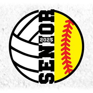 Sports Clipart: Senior 2025 with Half Sports Balls, Black/White Volleyball & Yellow/Red/Black Softball - Digital Download svg png dxf pdf