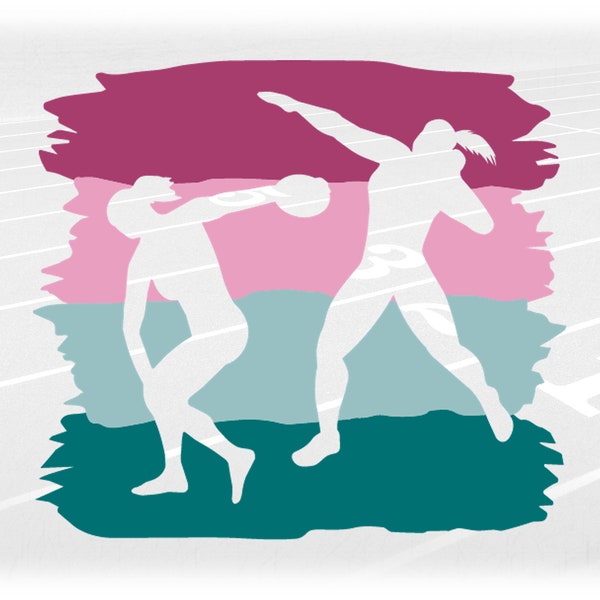 Sports Clipart: Teal/Pink Paint Swashes w/ Female Shot Put/Discus Thrower Silhouettes Cutout Track & Field, Digital Download svg png dxf pdf