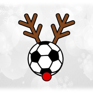 Holiday Clipart: Black and White Soccer Ball with Brown Antlers and Red Rudolph Nose for Christmas - Digital Download svg png dxf pdf