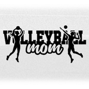 Sports Clipart: Black Varsity Word "Volleyball" with Script Word "Mom" Cutout and Player Silhouettes - Digital Download svg png dxf pdf