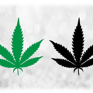 Puede incluir: Dos siluetas de hojas de cannabis, una verde y otra negra, sobre un fondo blanco.