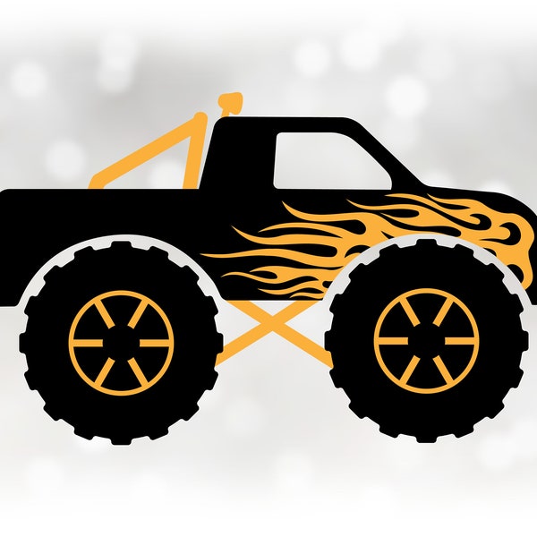 Car/Automotive Clipart: Black Monster Truck with Yellow/Gold Fire Flames, Bars and Lights Layered on Top - Digital Download svg png dxf pdf