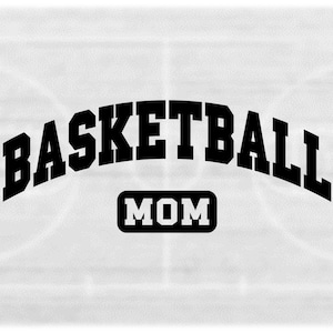 Sports Clipart: Arched Black Capital Letter Word "Basketball" in College Varsity with Word "Mom" in Box- Digital Download svg png dxf pdf
