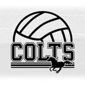 Sports Clipart: Black Half Volleyball with "Colts" Team Name Varsity Style with Horse Silhouette Cutout - Digital Download svg png dxf pdf