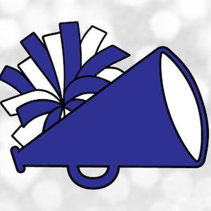 Sports Clipart: Navy & White Cheerleader Megaphone with Pom Pom on Black Background for Cheer / Cheering - Digital Download svg png dxf pdf