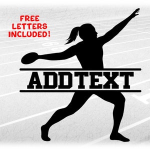 Sports Clipart: Black Split Name Frame of Track & Field Female / Girl / Woman Throwing Discus Silhouette - Digital Download svg png dxf pdf