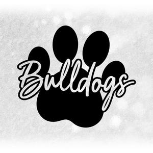 Sports Clipart: Black Script "Bulldogs" Team Name Cutout of Silhouette of Dog Paw Print - Digital Download svg png dxf pdf