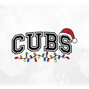 Holiday Clipart: Black Arched Team Mascot Name "Cubs" with Santa Hat and String of Christmas Lights - Digital Download svg png dxf pdf