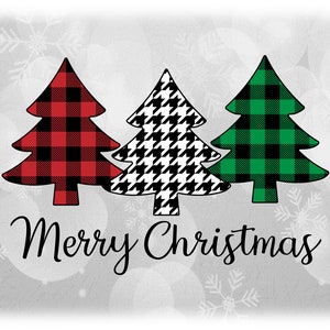 May include: Three Christmas trees with different plaid patterns: red and black, black and white, and green and black. The trees are on a white background with a blurry snowflake pattern. The text "Merry Christmas" is written below the trees.