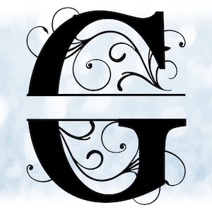 Clipart de palavra: Moldura de nome dividida Preto Estilo formal Letra maiúscula Inicial / Monograma "G" com cachos florais/redemoinhos - Download digital SVG e PNG
