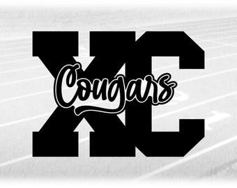 May include: Black and white graphic of the letters "XC" with the word "Cougars" written in a cursive font inside the "X".
