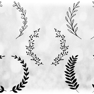 Flower & Nature Clipart - Paquete Value Pack: 5 Estilos Negro Corona Redondeada / Laurel de Pelucas, Hojas, Cogollos #4 - Descarga Digital SVG / PNG