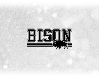 May include: A black and white graphic design displaying the word "BISON" in a varsity style font, accompanied by a bison silhouette. The background is a textured, light grey.