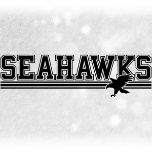 Sports Clipart: Black Bold "SeaHawks" Team Name in Varsity Style above Stripes with Bird Silhouette - Digital Download svg png dxf pdf