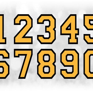 Sportclipart: jerseynummersjablonen gegroepeerd op één vel - geel gelaagd op zwart - digitale download SVG, niet-installeerbaar lettertype